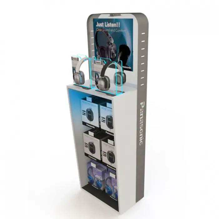 China Customized Floor White Wooden Game Headphone Display Stand With Screen China Customized Floor White Wooden Game Headphone Display Stand With Screen